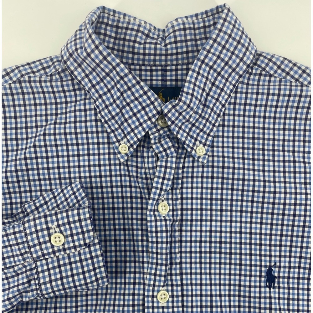 Ralph Lauren Button Down Shirt Men Med Blue Gingham Long Sleeve Preppy Office